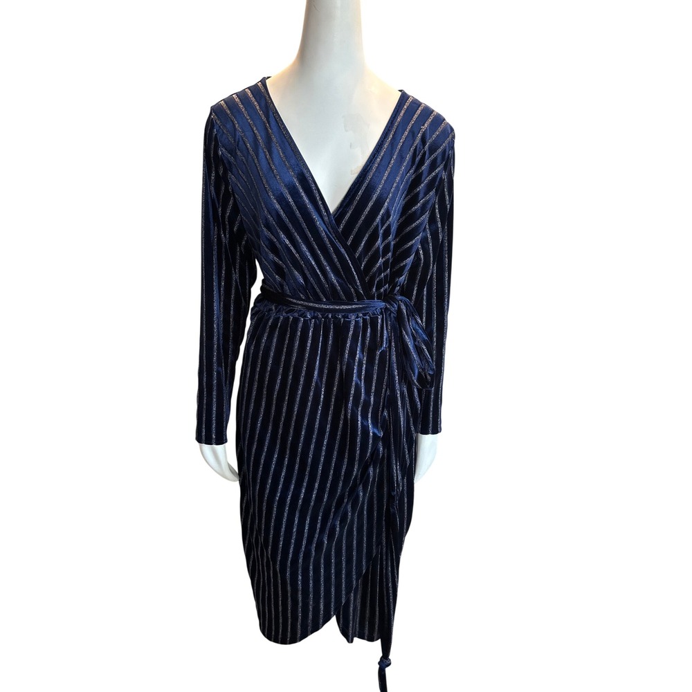 Bloomchic Navy Blue Velvet Silver Metallic Stripe Wrap Dress Plus Size 14-16 NEW